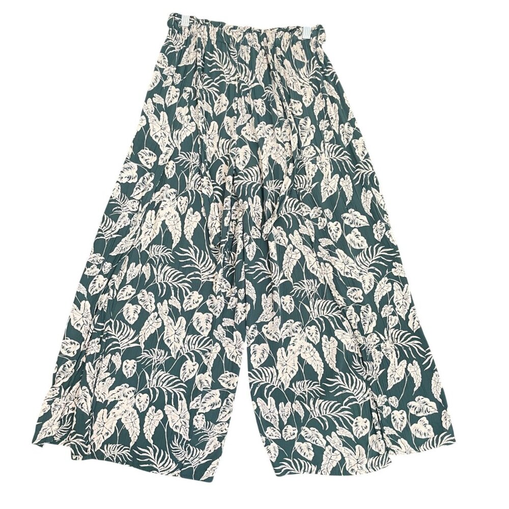 Angie Womens Green & Cream Tropical Leaf Print Slit Boho Pants‎ Size M Wide Leg